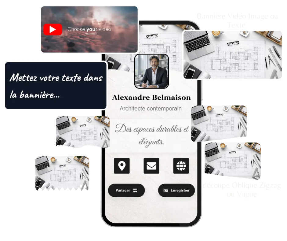 Couverture image, texte ou vidéo pour carte de visite digitale
