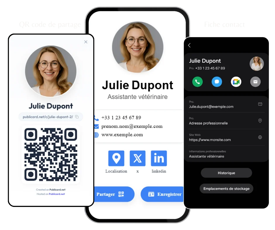 Export VCF et partage QR Code depuis une carte de visite digitale
