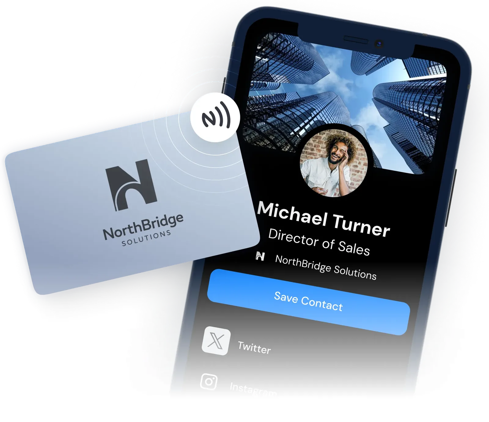 Carte NFC physique émettant des ondes vers un smartphone qui affiche le profil professionnel