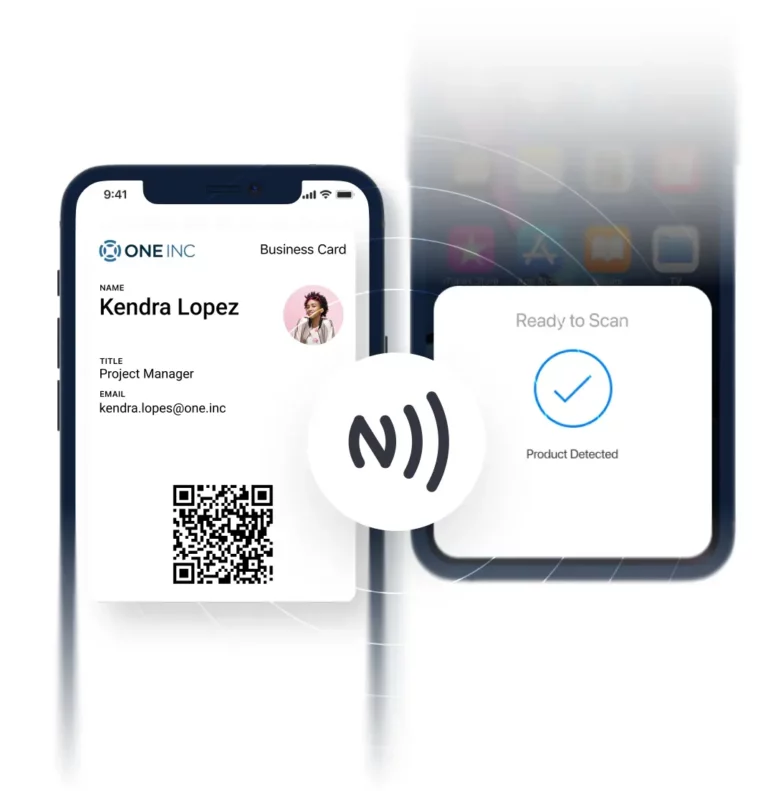 Smartphone affichant un profil digital NFC avec nom, fonction, email et QR code, illustrant le partage de carte de visite par technologie NFC